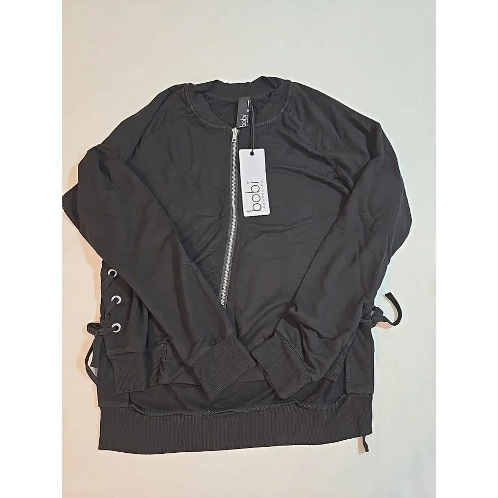 bobi zip front jacket‎ Black Lace up sides Stretch Long Sleeve Size S New